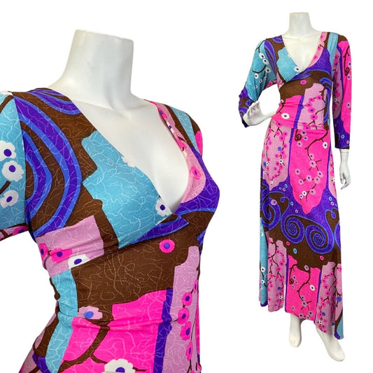 VINTAGE 60s 70s PINK PURPLE BROWN PSYCHEDLIC FLORAL BLOSSOM MOD MAXI DRESS 12 14