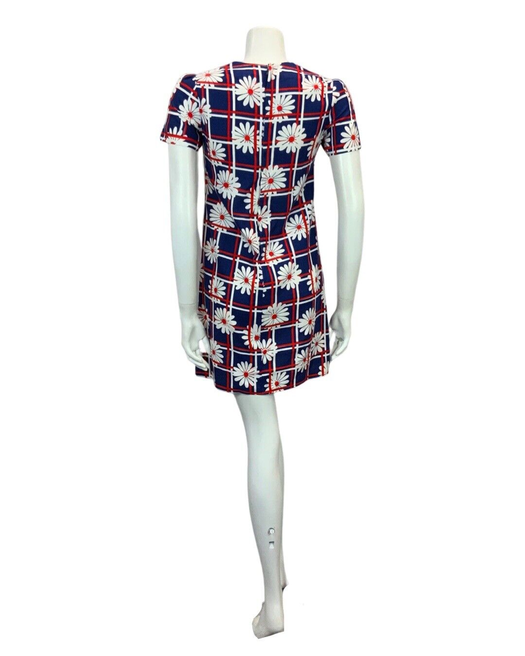 VINTAGE 60s 70s NAVY BLUE RED WHITE DAISY PRINT MINI MOD DRESS 6 8