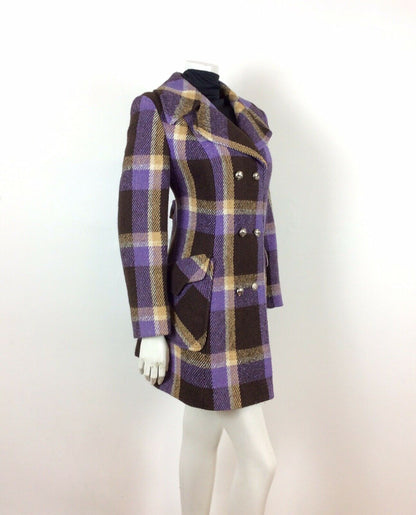 VTG 60s 70s DOUBLE-BREASTED PURPLE CREAM BROWN PLAID CHECK WOOL COAT 12 14 16