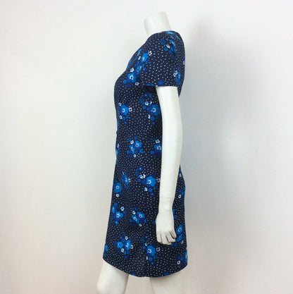 60S VINTAGE NAVY BLUE WHITE FLOWER DAISY PRINT PSYCHEDELIC DRESS 12 14