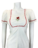 VTG 60s 70s WHITE RED EMBROIDERED ROSE RIC RAC CROCHET BOHO FOLK SUMMER DRESS 6