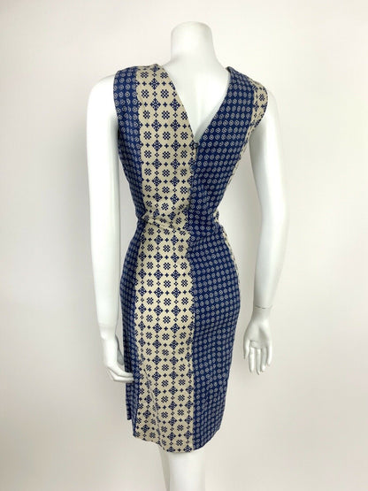 VINTAGE 60s 70s NAVY BLUE CREAM WHITE FLORAL ABSTRACT SHEATH DRESS 10 12