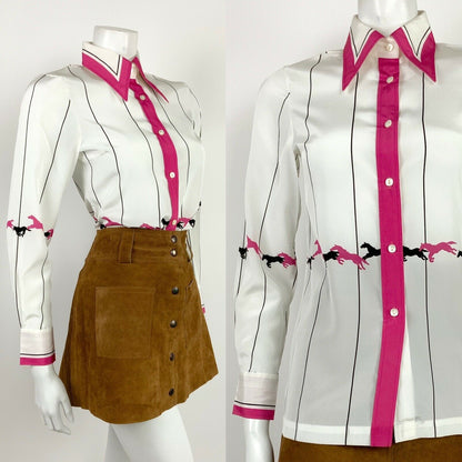 VINTAGE 60s 70s WHITE BLACK PINK STRIPED HORSES DAGGER COLLAR SHIRT 8 10