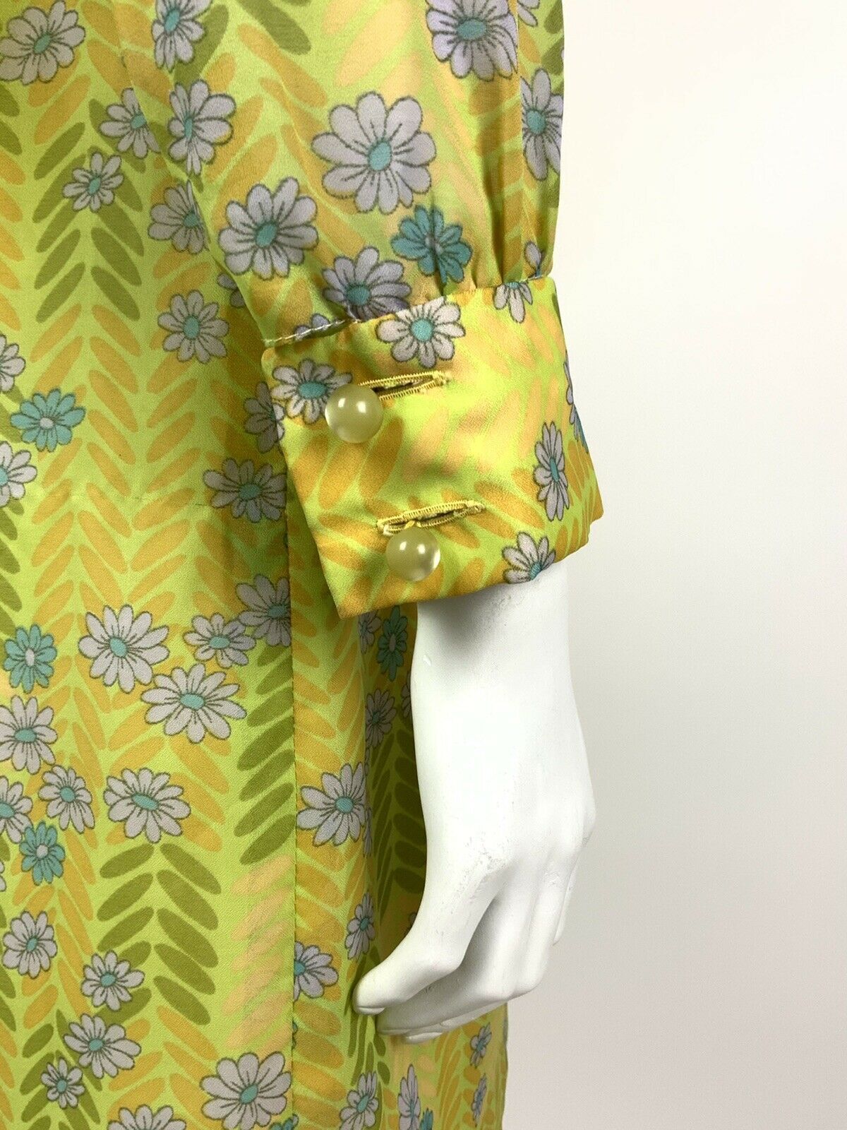 VINTAGE 60s 70s LIME GREEN LILAC BLUE HERRINGBONE FLORAL DAISY SHIRT DRESS 10 12