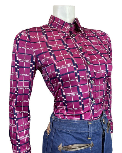 VINTAGE 60s 70s PURPLE BLUE WHITE GRID CHECKED MOD DAGGER SHIRT BLOUSE 10 12