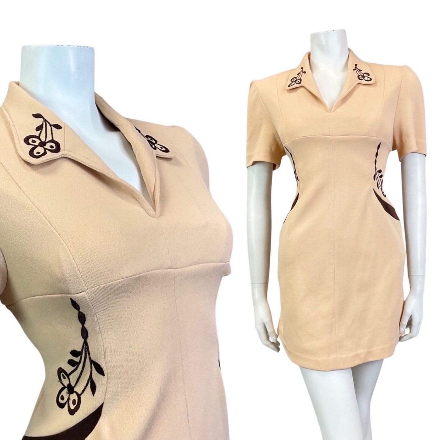 VINTAGE 60s 70s CREAM BROWN FLORAL EMBROIDERED MOD SHORT MINI DRESS 10 12