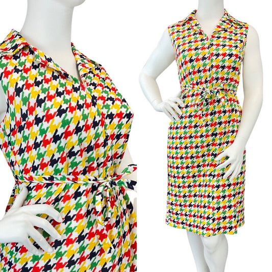 VINTAGE 60s 70s WHITE RED GREEN BLACK DOGTOOTH MOD SLEEVELESS SHIRT DRESS 16