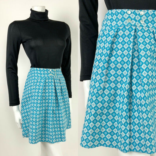 VTG 60s 70s BABY BLUE WHITE DIAMOND CHECKERBOARD GEOMETRIC PLEATED MOD SKIRT 8