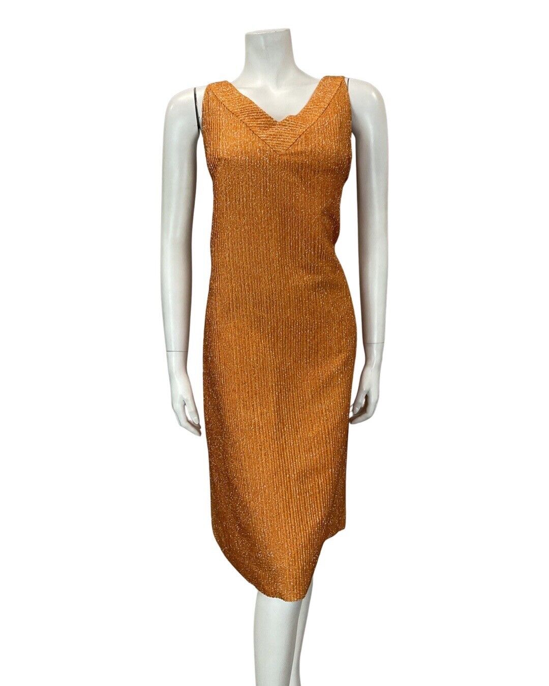 VINTAGE 60s 70s BURNT ORANGE SILVER LUREX V-NECK PARTY SLEEVELESS DRESS 12 14