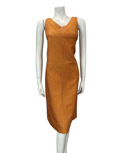 VINTAGE 60s 70s BURNT ORANGE SILVER LUREX V-NECK PARTY SLEEVELESS DRESS 12 14