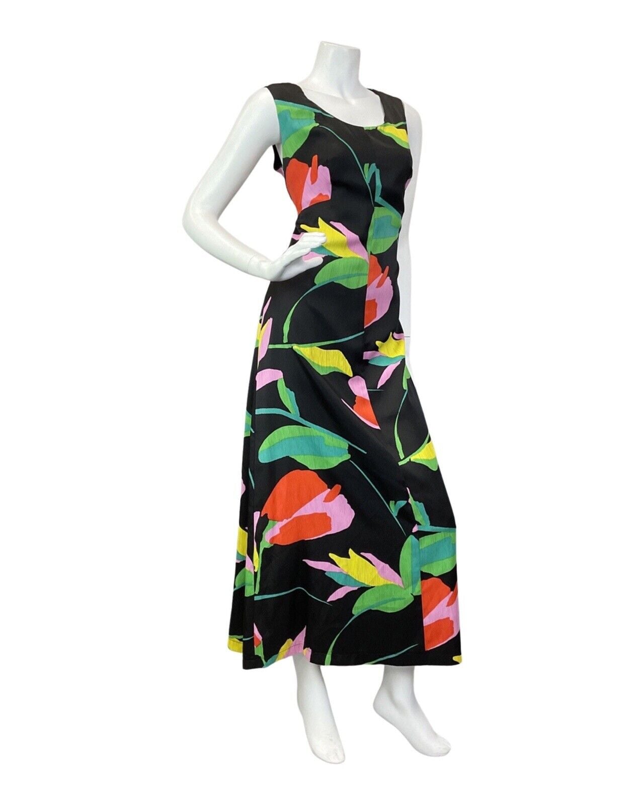 VINTAGE 60s 70s BLACK RED GREEN FLORAL LEAFY SLEEVELESS MOD MAXI DRESS 10 12