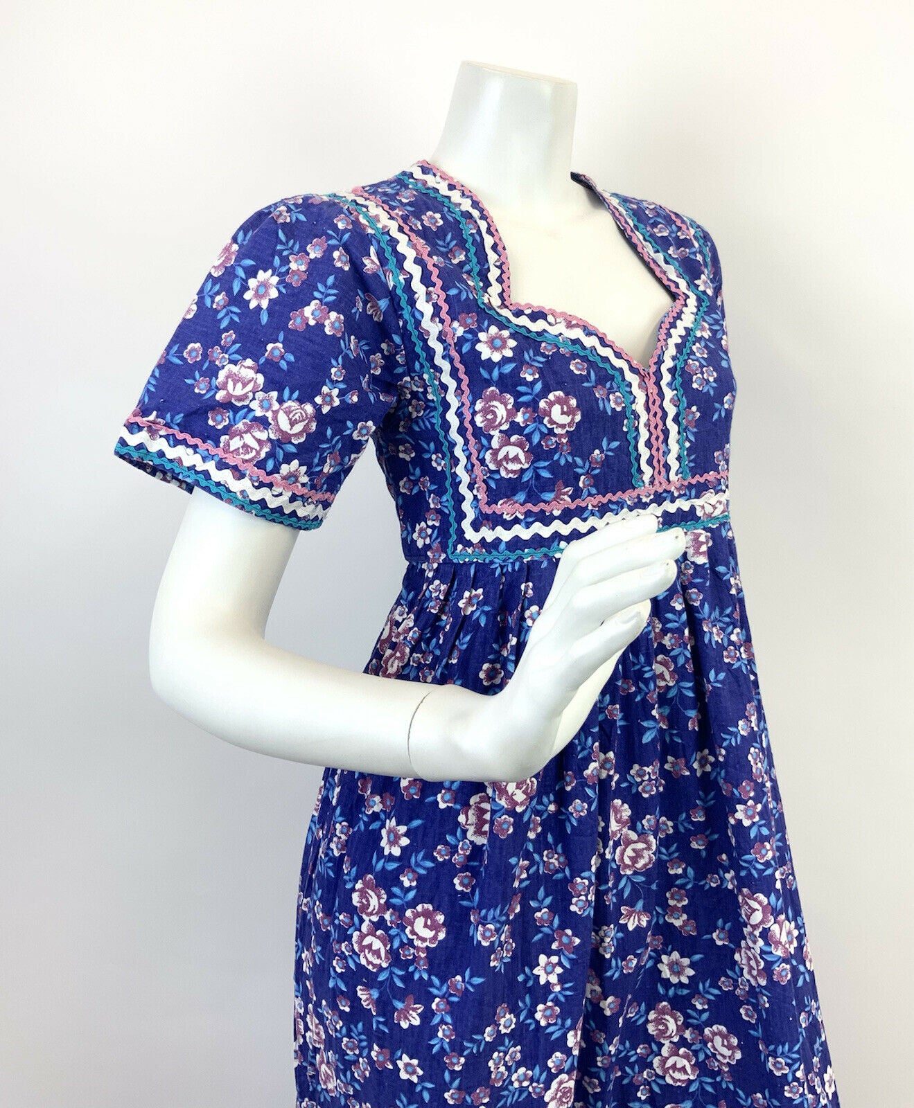 VTG 60s 70s PURPLE BLUE PINK WHITE RICRAC FLORAL PRAIRIE BOHO FOLK MAXI DRESS 10