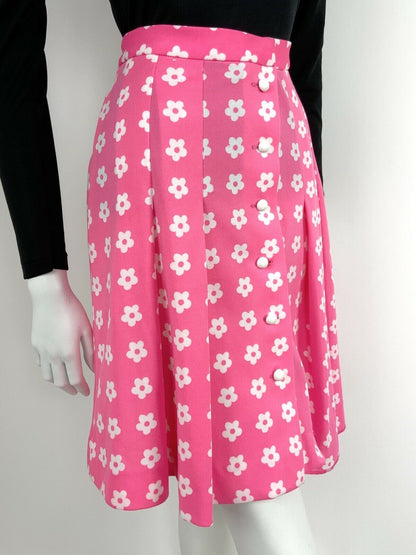 VINTAGE 60s 70s NEON PINK WHITE FLORAL PLEAT FLOWER A-LINE DAISY MOD SKIRT 10