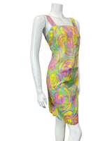 VTG 60s STYLE 90s GREEN YELLOW PINK PSYCHEDELIC SWIRL MOD EMPIRE SUN DRESS 6