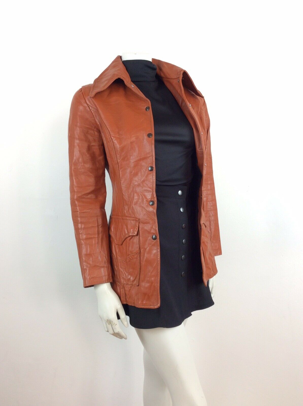 AMAZING VINTAGE 70s DEEP TAN BURNT ORANGE BROWN FITTED LEATHER JACKET 6 8 10