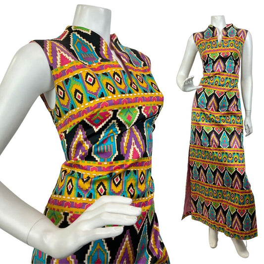 VINTAGE 60s 70s BLACK GOLD GREEN PSYCHEDELIC AZTEC GEOMETRIC MOD MAXI DRESS 10