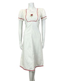 VTG 60s 70s WHITE RED EMBROIDERED ROSE RIC RAC CROCHET BOHO FOLK SUMMER DRESS 6