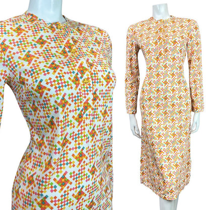 VINTAGE 60s 70s WHITE ORANGE RED BLUE PIXEL CHECKED GEOMETRIC MOD MIDI DRESS 8