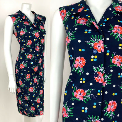 VTG 60s 70s FLORAL POLKA DOT BLUE PINK YELLOW GREEN SHIRT SHIFT DRESS 12