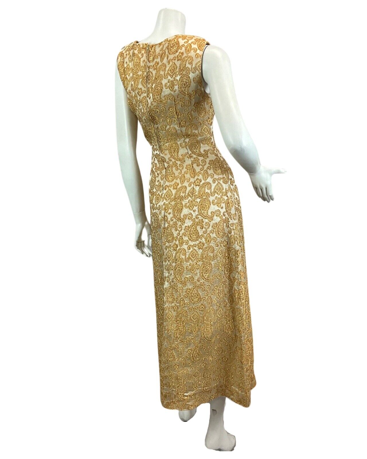 VTG 60s 70s GOLD BRONZE PAISLEY PRINT EMBROIDERED BOHO PARTY  MAXI DRESS 10 12