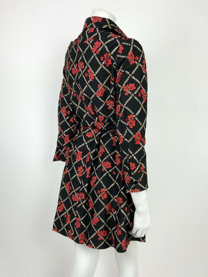 VTG 60s 70s BLACK WHITE BROWN RED GRID FLORAL POPPY WING COLLAR BELTED DRESS 12