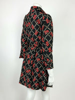 VTG 60s 70s BLACK WHITE BROWN RED GRID FLORAL POPPY WING COLLAR BELTED DRESS 12