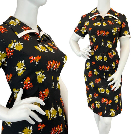 VINTAGE 60s 70s BLACK WHITE ORANGE FLORAL WING COLLAR MOD SHORT DRESS 18