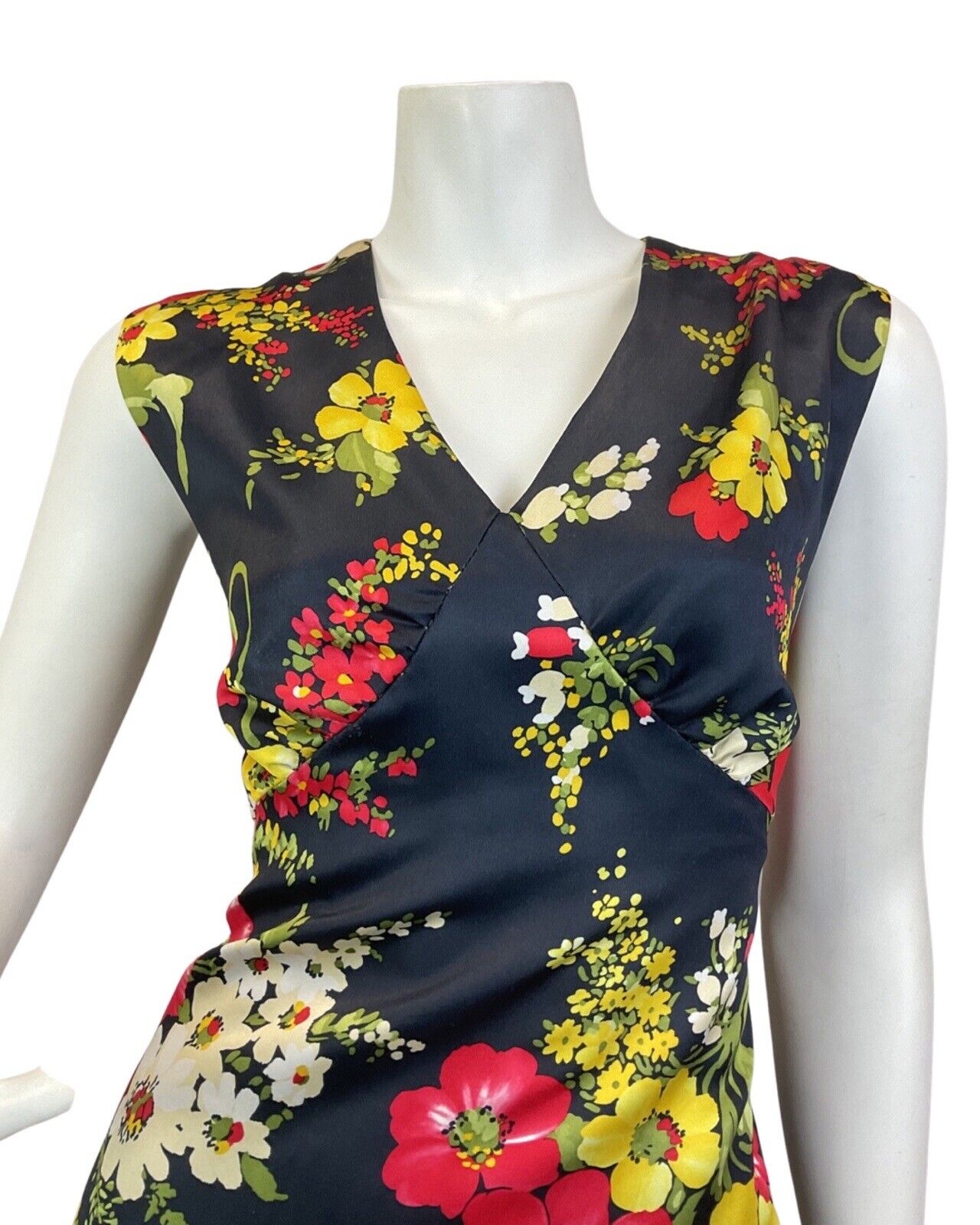 VINTAGE 60s 70s BLACK RED YELLOW PSYCHEDELIC FLORAL SLEEVELESS MAXI DRESS 10 12