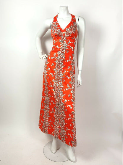 VTG 60s 70s NEON ORANGE WHITE HAWAIIAN FLORAL PLUNGING HALTER MAXI DRESS 8 10