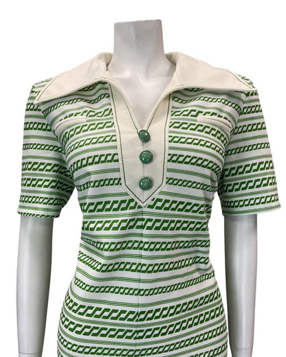 VINTAGE 60s 70s APPLE GREEN WHITE STRIPED MOD WING COLLAR SHIRT DRESS 14 16