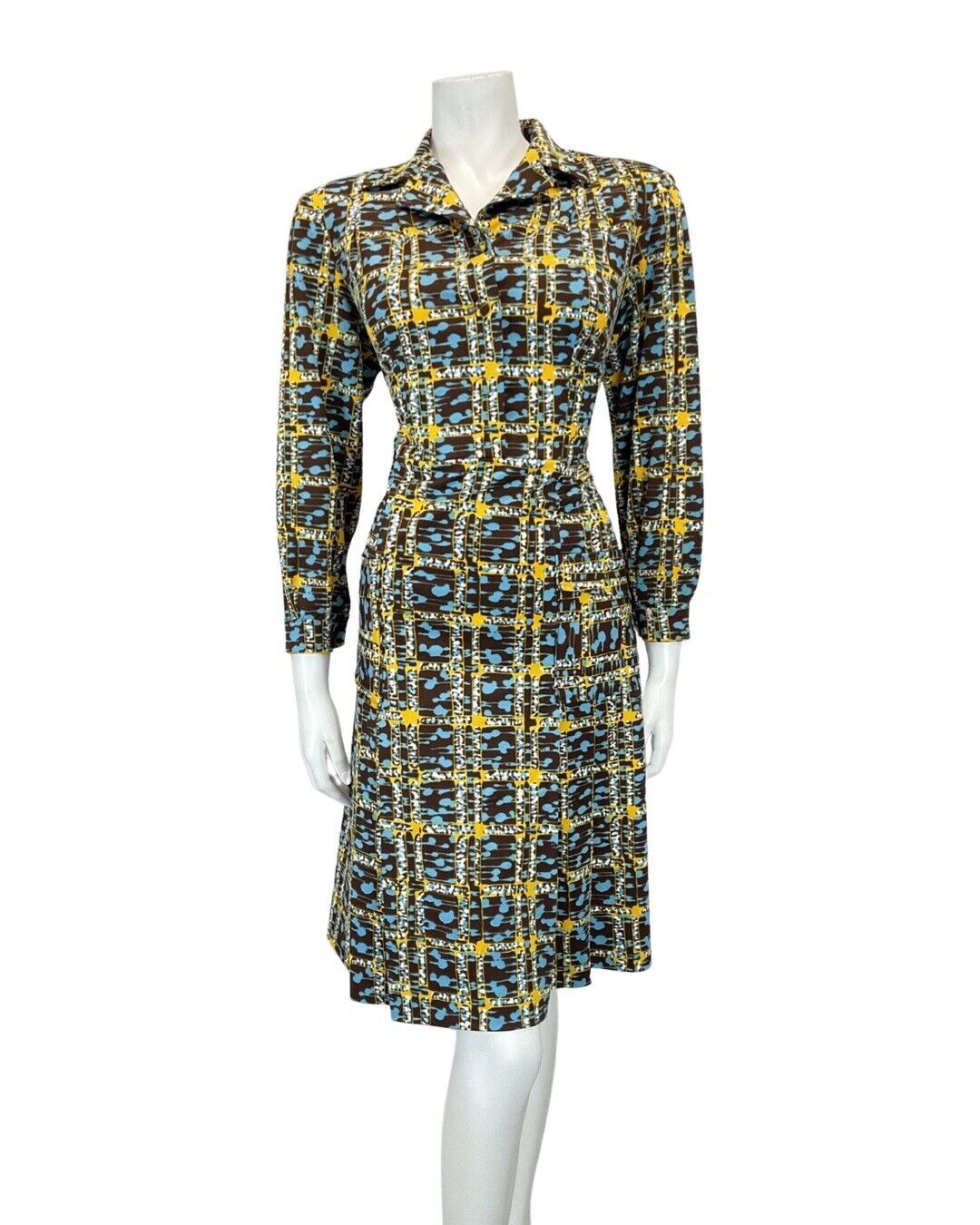 VINTAGE 60s 70s BROWN BLUE YELLOW GEOMETRIC CHECKED MOD SHIRT DRESS 14 16