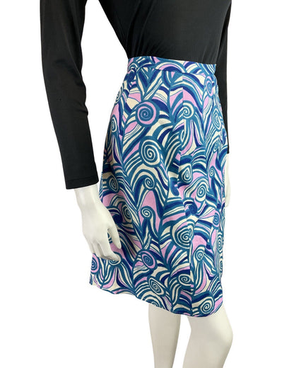 VINTAGE 60s 70s BLUE WHITE PURPLE PSYCHEDELIC SWIRL MOD SHORT SKIRT 10