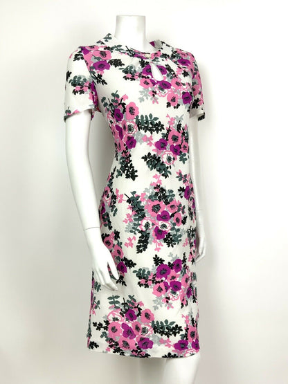 VINTAGE 60s 70s WHITE PINK PURPLE GREY BLACK FLORAL ROSE SHIFT DRESS 14 16