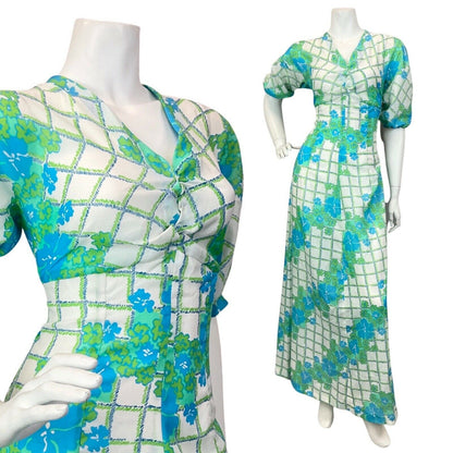 VINTAGE 60s 70s WHITE BLUE GREEN CHECKED FLORAL MOD MAXI DRESS 10 12