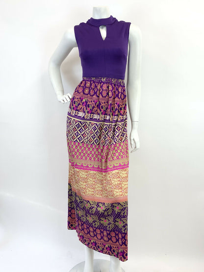 VTG 60s 70s PURPLE PINK GREEN BEIGE FLORAL GEOMETRIC SLEEVELESS MAXI DRESS 10