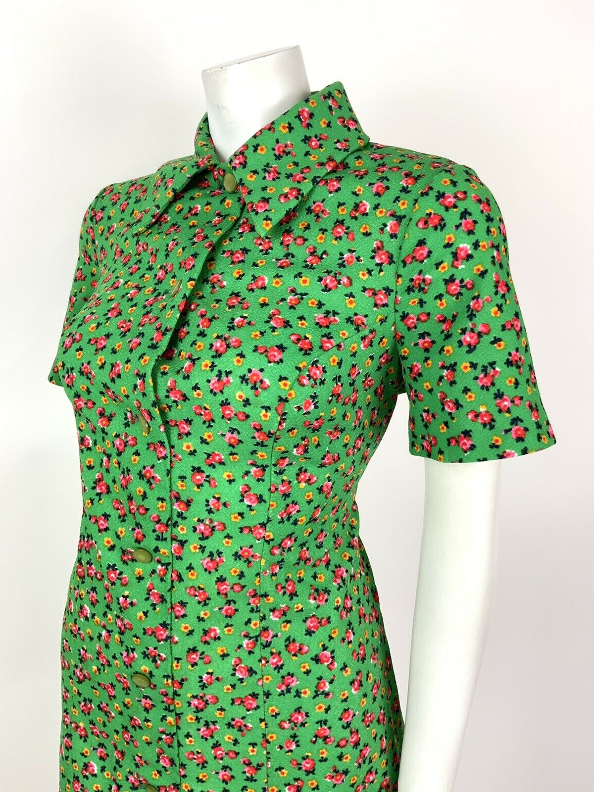 VINTAGE 60s 70s GREEN PINK RED YELLOW FLORAL DITSY DAGGER SHIRT DRESS 10 12