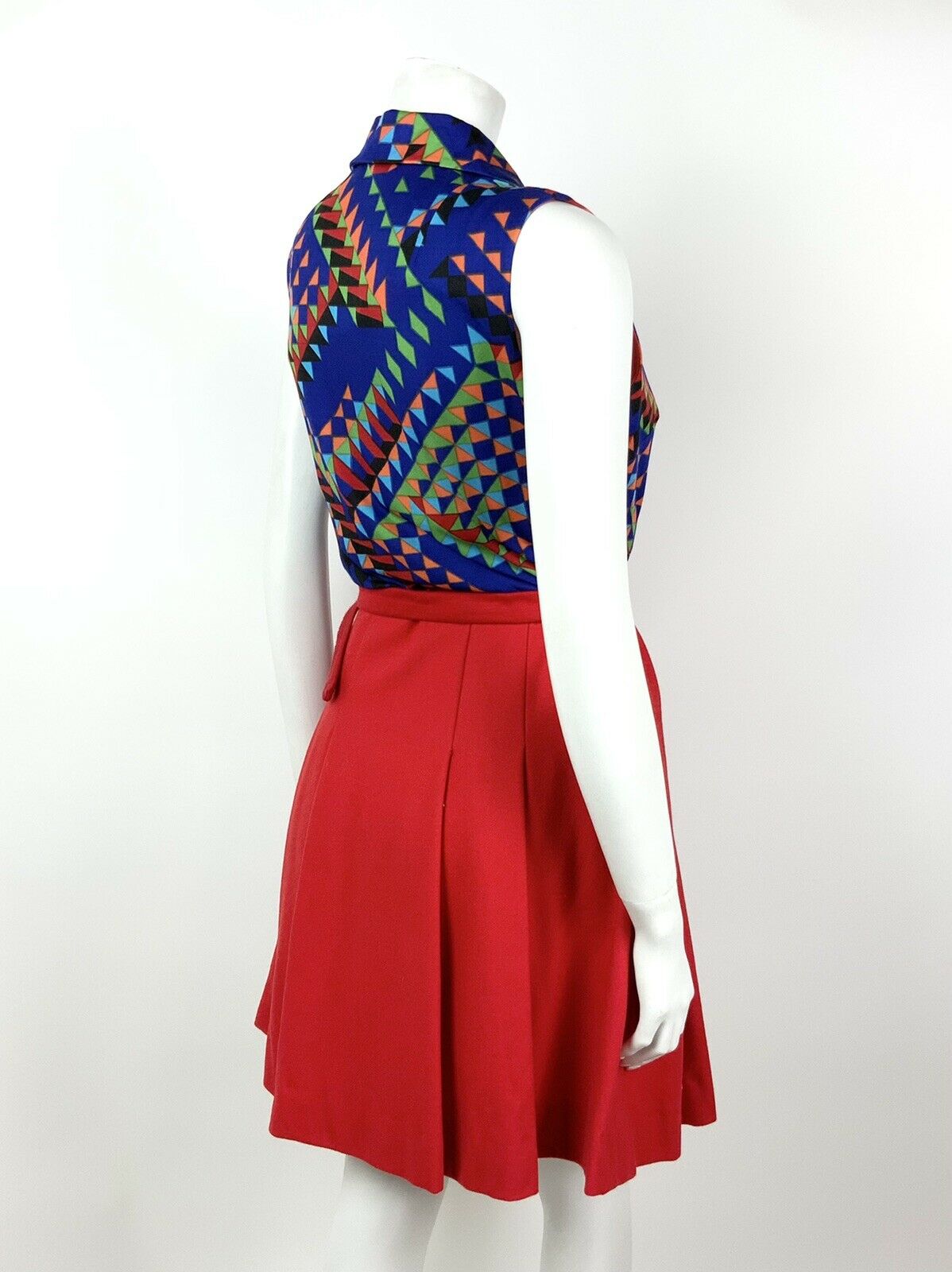 VTG 60s 70s MOD RED BLUE GREEN ORANGE GEOMETRIC BELTED PLEATED DRESS 10 12