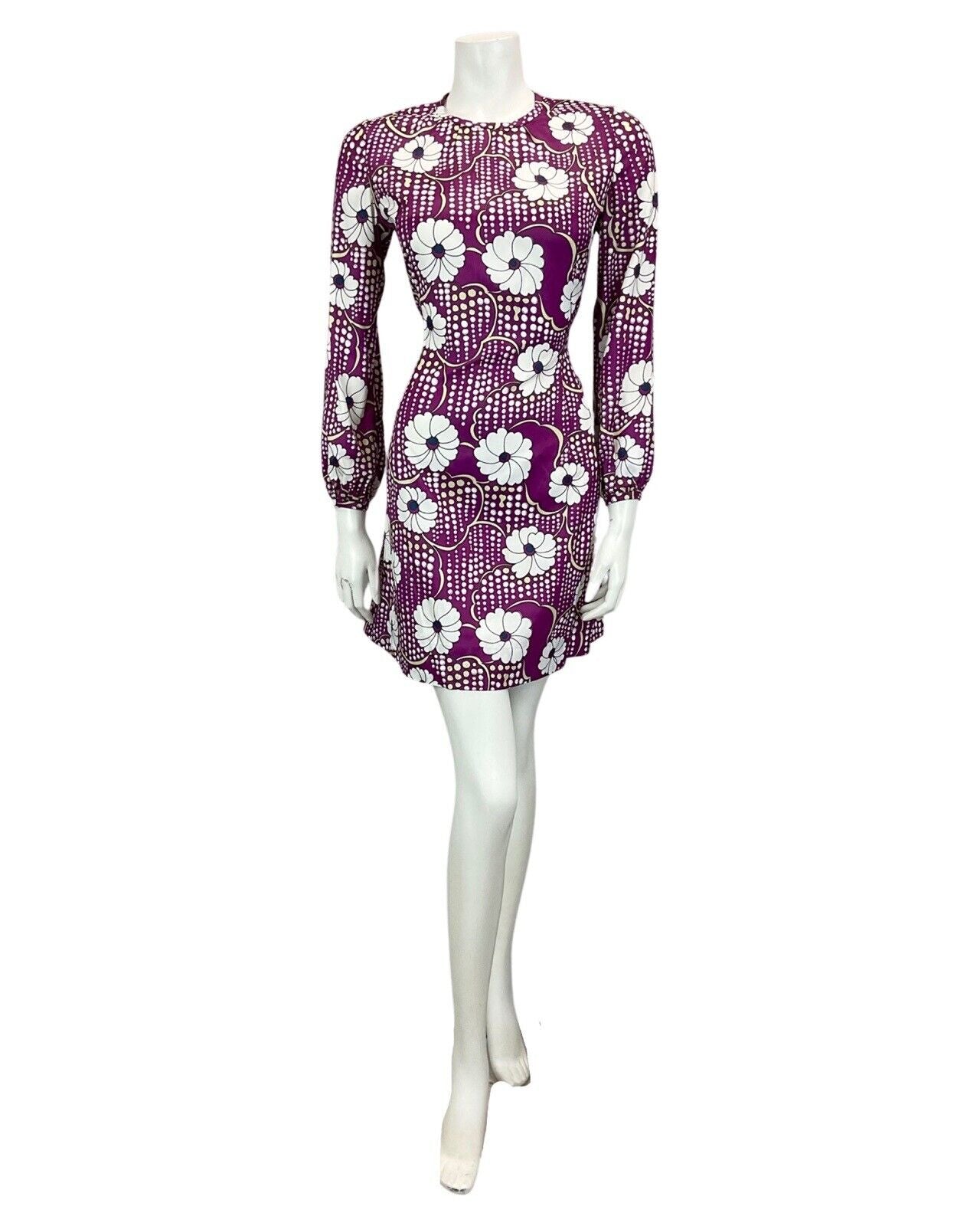 VINTAGE 60S 70S PURPLE WHITE FLORAL PRINT BOHO MOD MINI DRESS 10