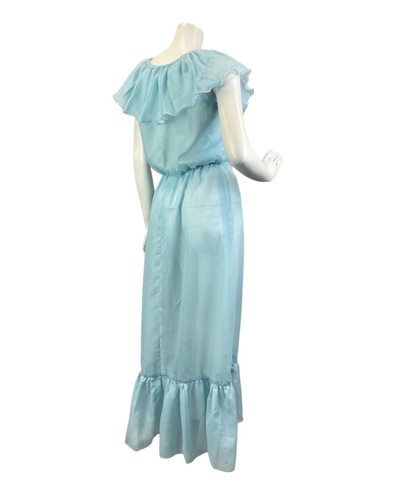 VINTAGE 70s POWDER BLUE SHEER RUFFLED BOHO PRAIRIE SUMMER MAXI DRESS 8