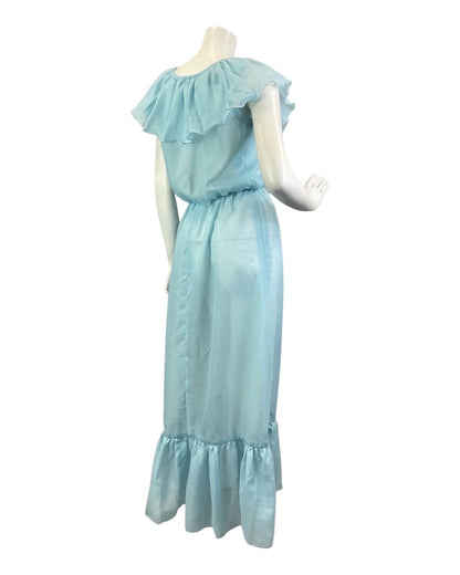 VINTAGE 70s POWDER BLUE SHEER RUFFLED BOHO PRAIRIE SUMMER MAXI DRESS 8