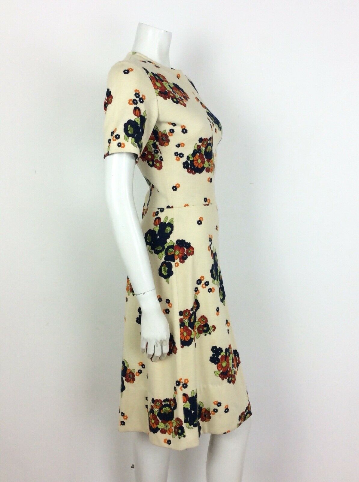 60S 70S VINTAGE CREAM NAVY BLUE FLORAL PSYCHEDELIC DRESS 12