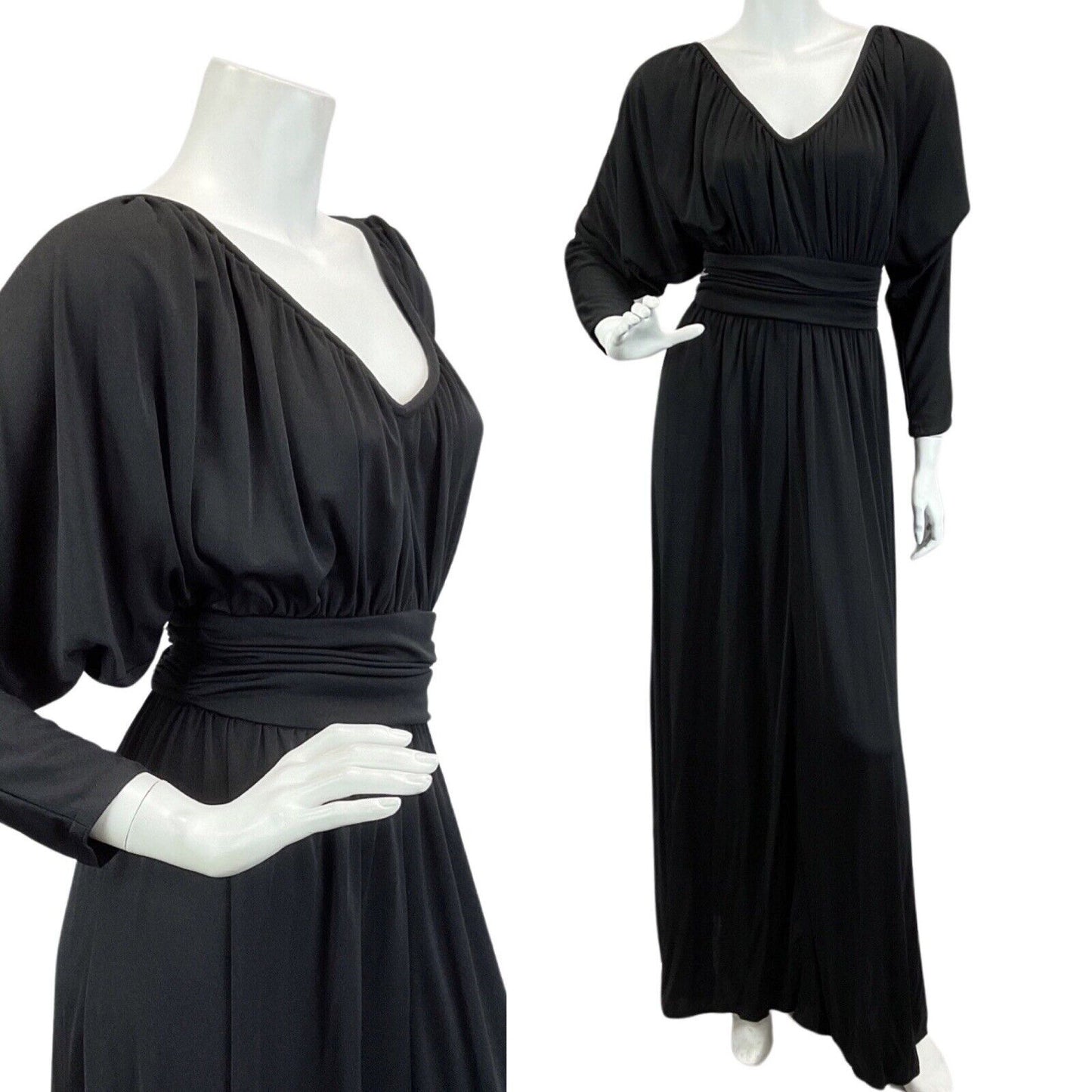 VINTAGE 60s 70s BLACK BAT WING BOHO DISCO PARTY EVENING  MAXI DRESS 10