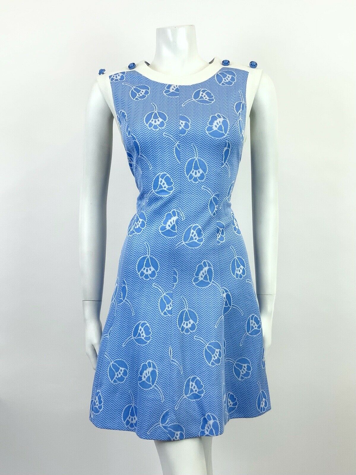 VTG 60s 70s BLUE WHITE ZIG ZAG CHEVRON FLORAL SLEEVELESS MOD MINI DRESS 12 14