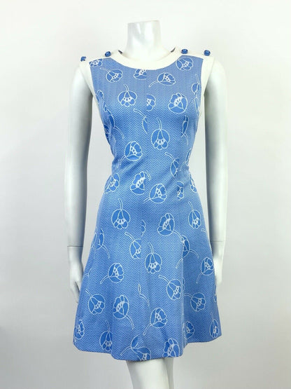 VTG 60s 70s BLUE WHITE ZIG ZAG CHEVRON FLORAL SLEEVELESS MOD MINI DRESS 12 14