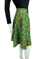 VINTAGE 60s 70s GREEN RED YELLOW CHERRY FLOWER PRINT A-LINE MOD SKIRT