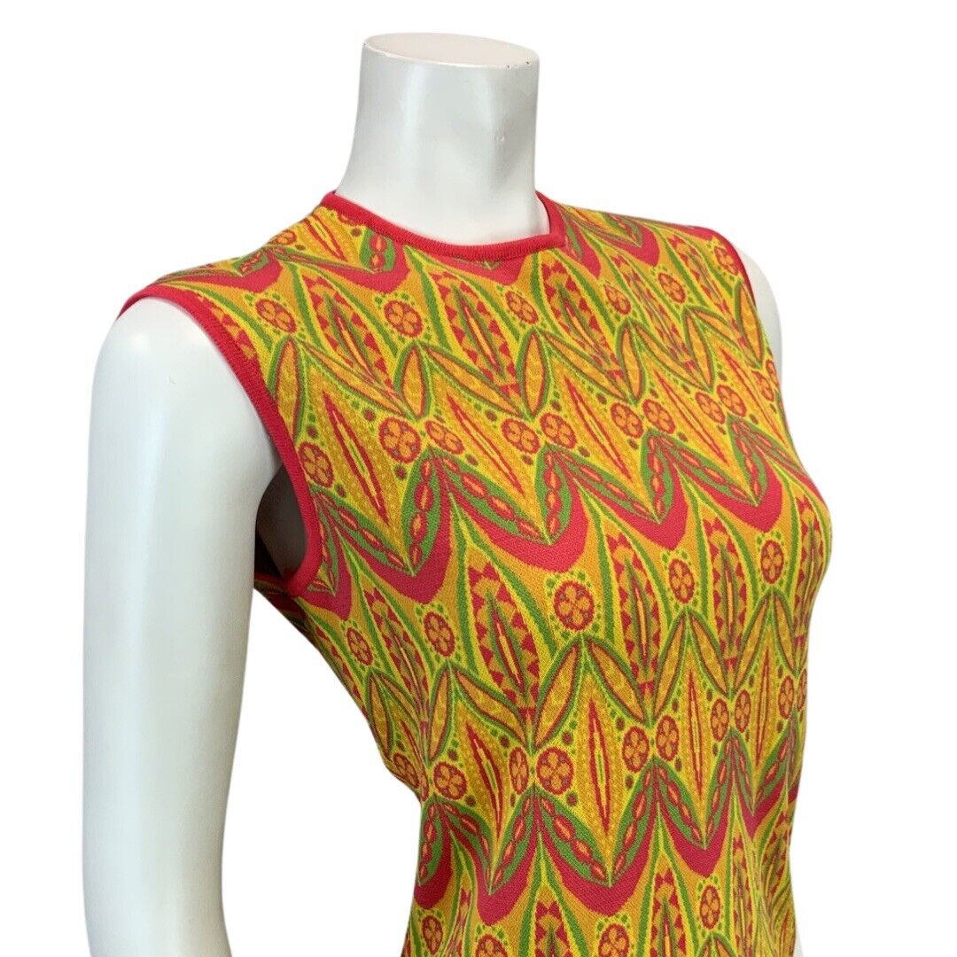 VINTAGE 60s 70s YELLOW ORANGE PINK GREEN FUNKY PRINT KNITTED MIDI MOD DRESS 14