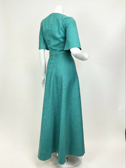 VTG 60s 70s GREEN SILVER GOLD FLORAL SWIRL BELL SLEEVE PARTY MAXI DRESS 12 14