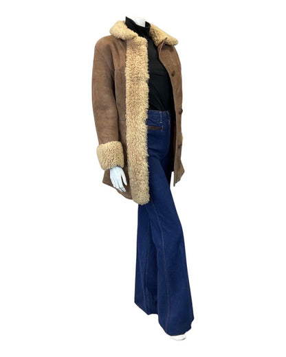 VINTAGE 60s 70s PEANUT BROWN SUEDE LEATHER MOD BOHO SHEARLING SHORT COAT 12