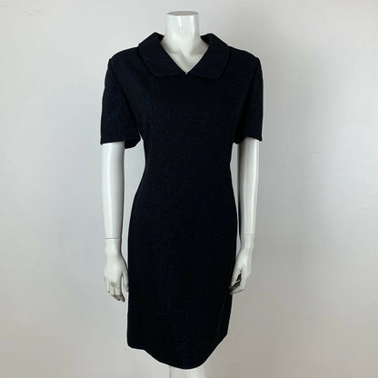 VINTAGE 60S BLACK BLUE GLITTER PETER PAN COLLAR DRESS 12