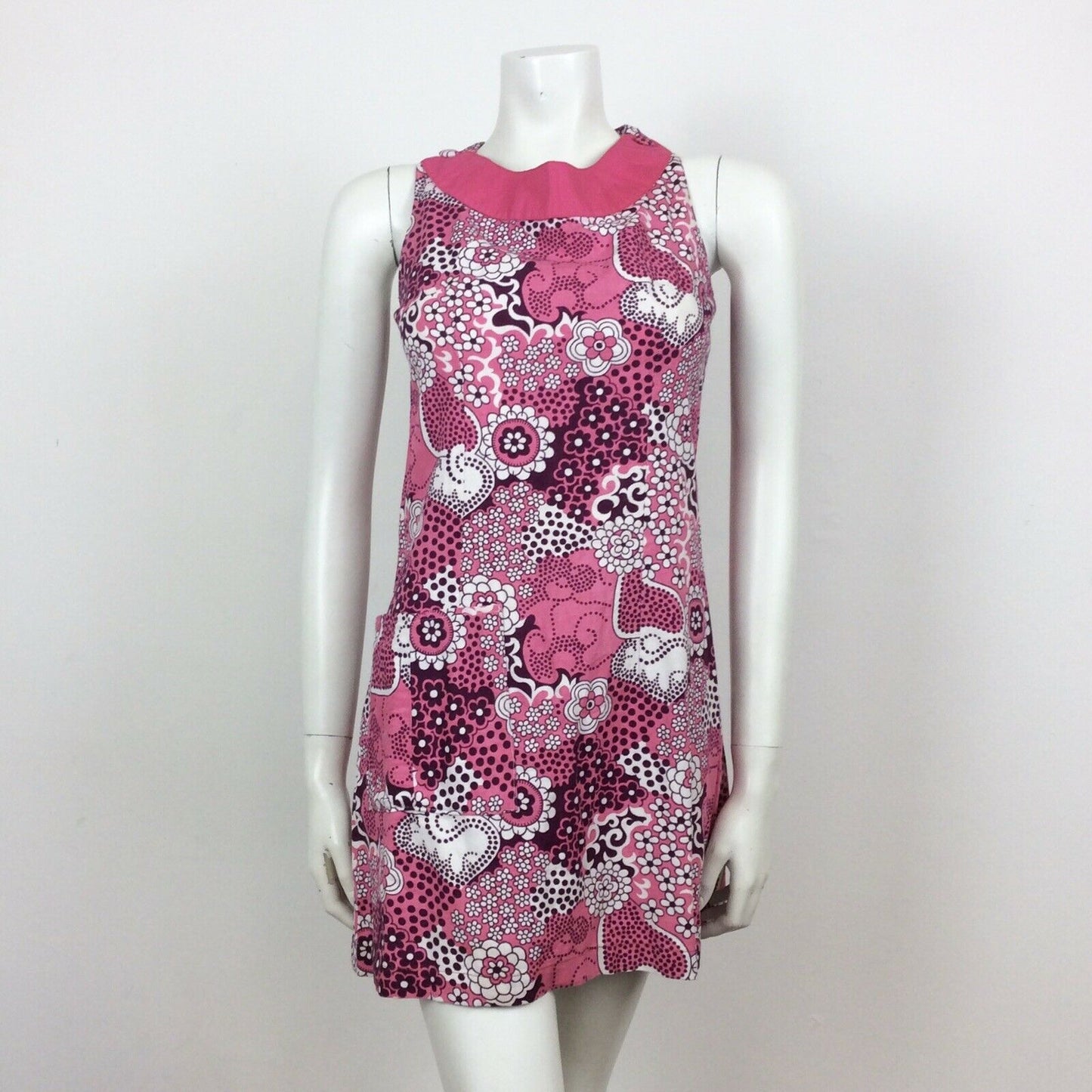 VINTAGE 60S COTTON PINK PURPLE PSYCHEDELIC FLORAL MINI DRESS  8 10